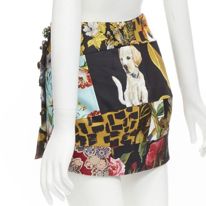 DOLCE GABBANA black colorful dog patchwork jewel embellished mini skirt IT36 XS For Sale 1