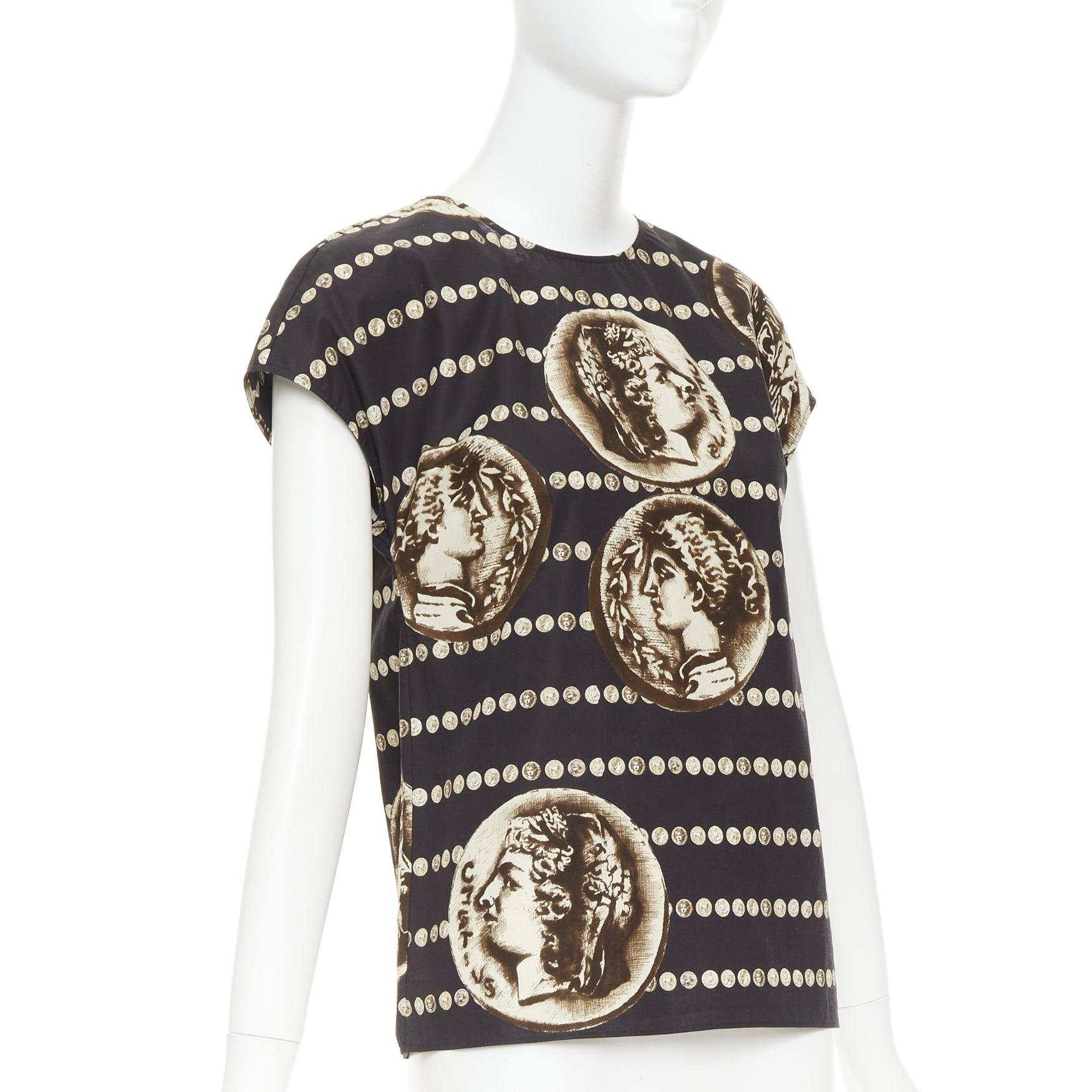 Beige DOLCE GABBANA black copper cotton roman coin print cap sleeves top IT38 XS en vente