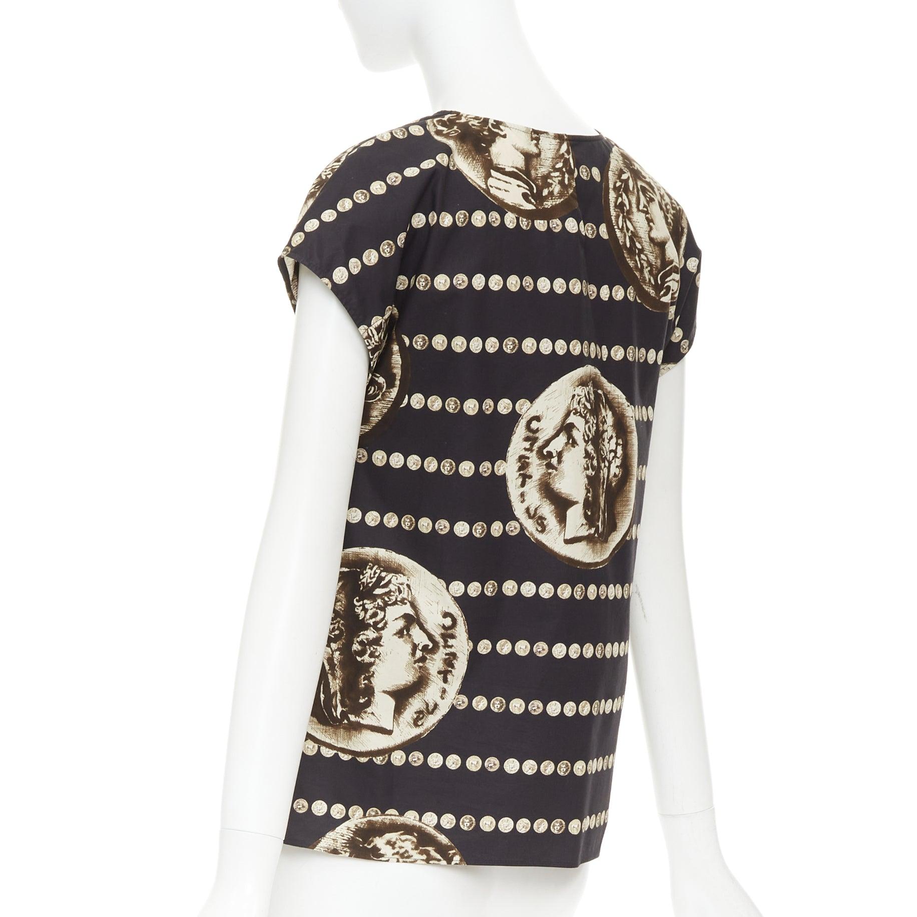 DOLCE GABBANA black copper cotton roman coin print cap sleeves top IT38 XS en vente 1