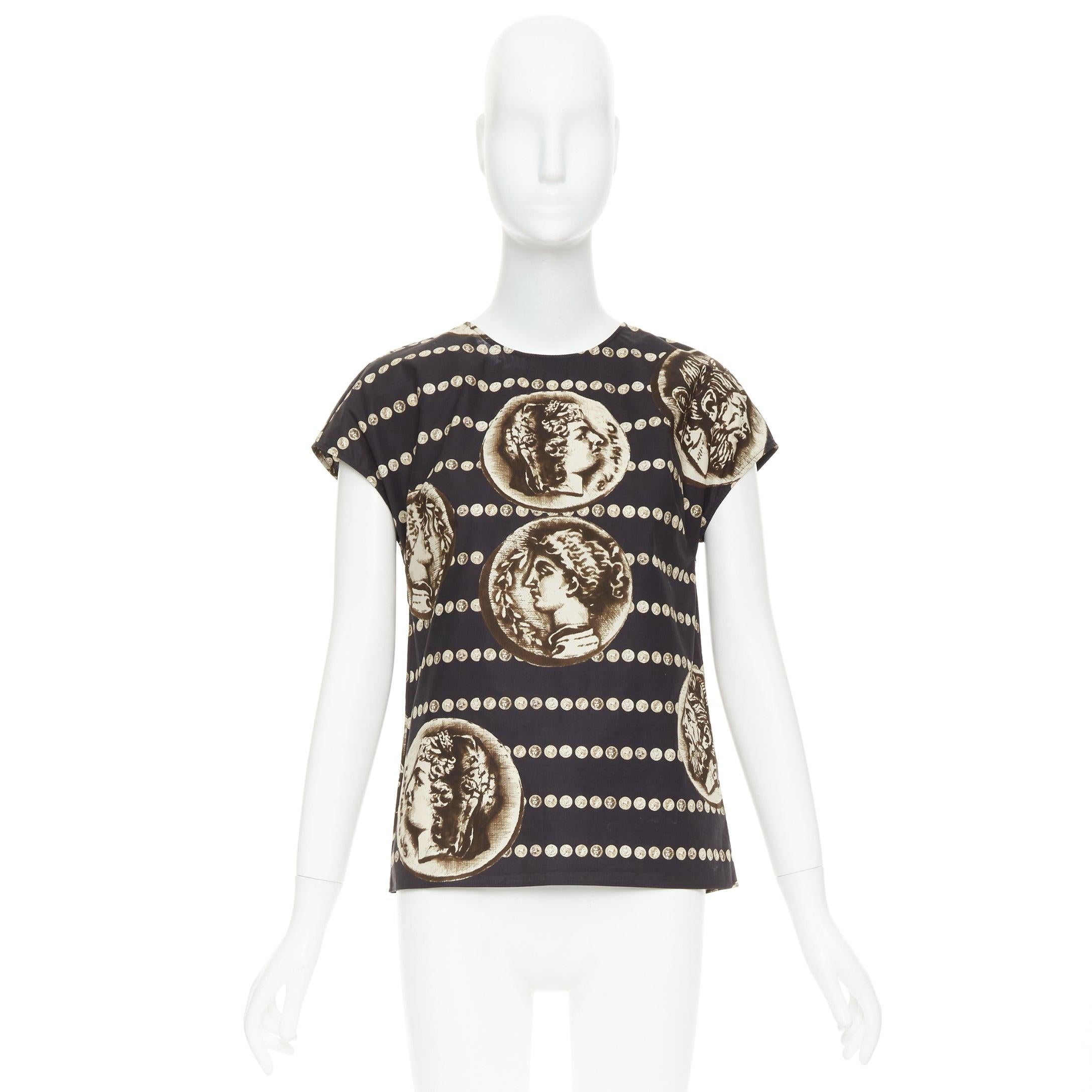 DOLCE GABBANA black copper cotton roman coin print cap sleeves top IT38 XS en vente 4