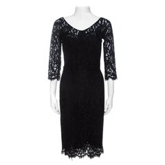 Dolce & Gabbana Black Cordonetto Lace Scalloped Hem Fitted Dress M