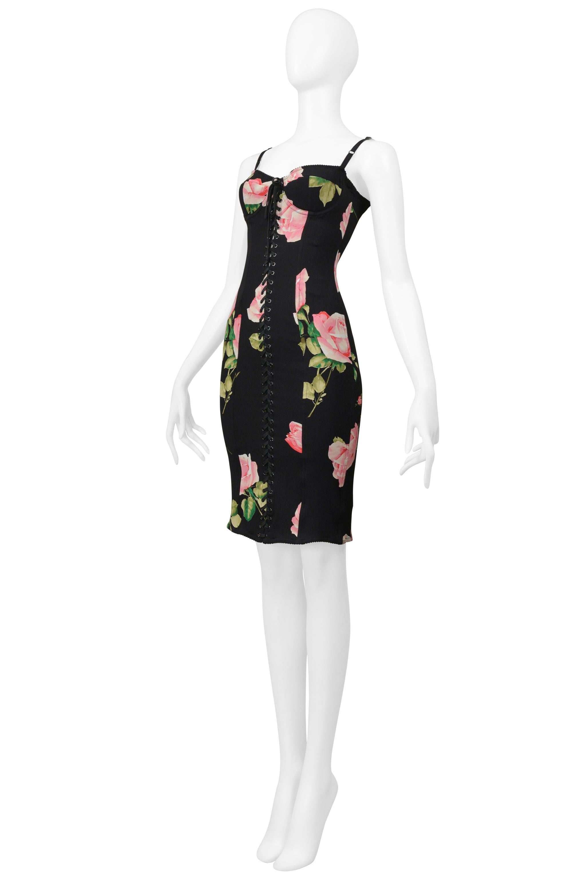 Dolce & Gabbana Black Corset Dress With Rose Print In Excellent Condition For Sale In Los Angeles, CA