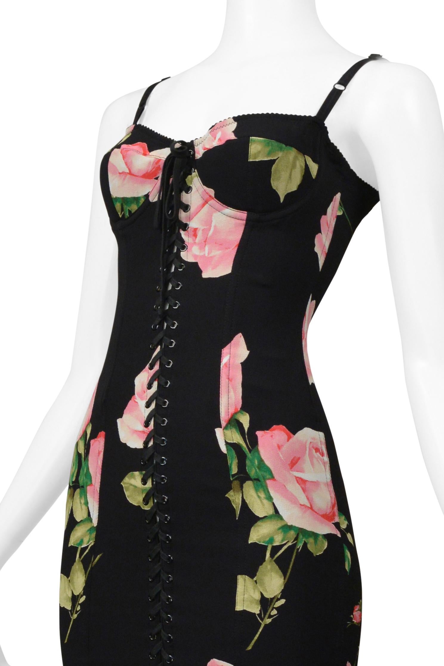 Women's Dolce & Gabbana Black Corset Dress With Rose Print For Sale