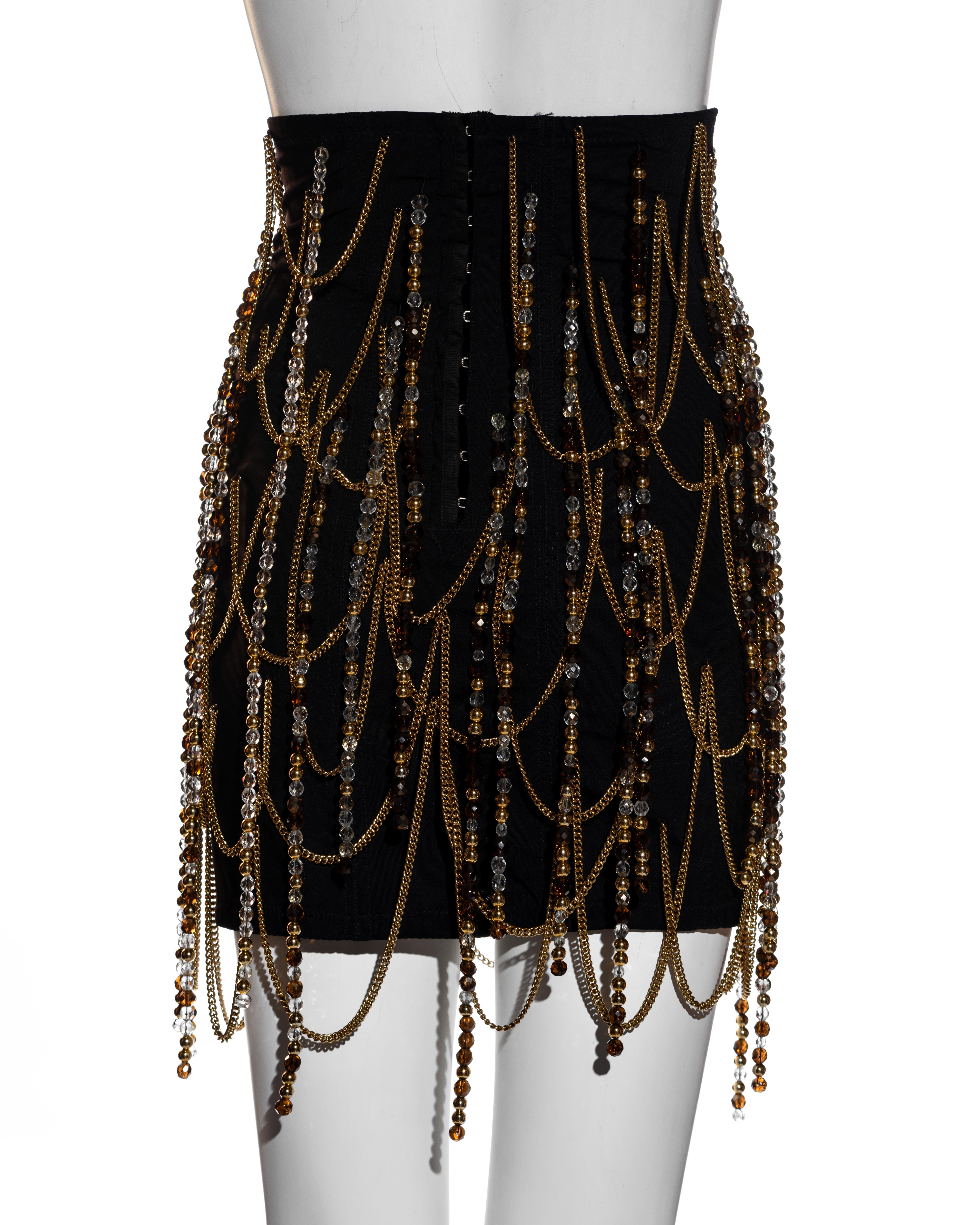 Black Dolce & Gabbana black corseted mini skirt with gold chains and beads, ss 1991 For Sale