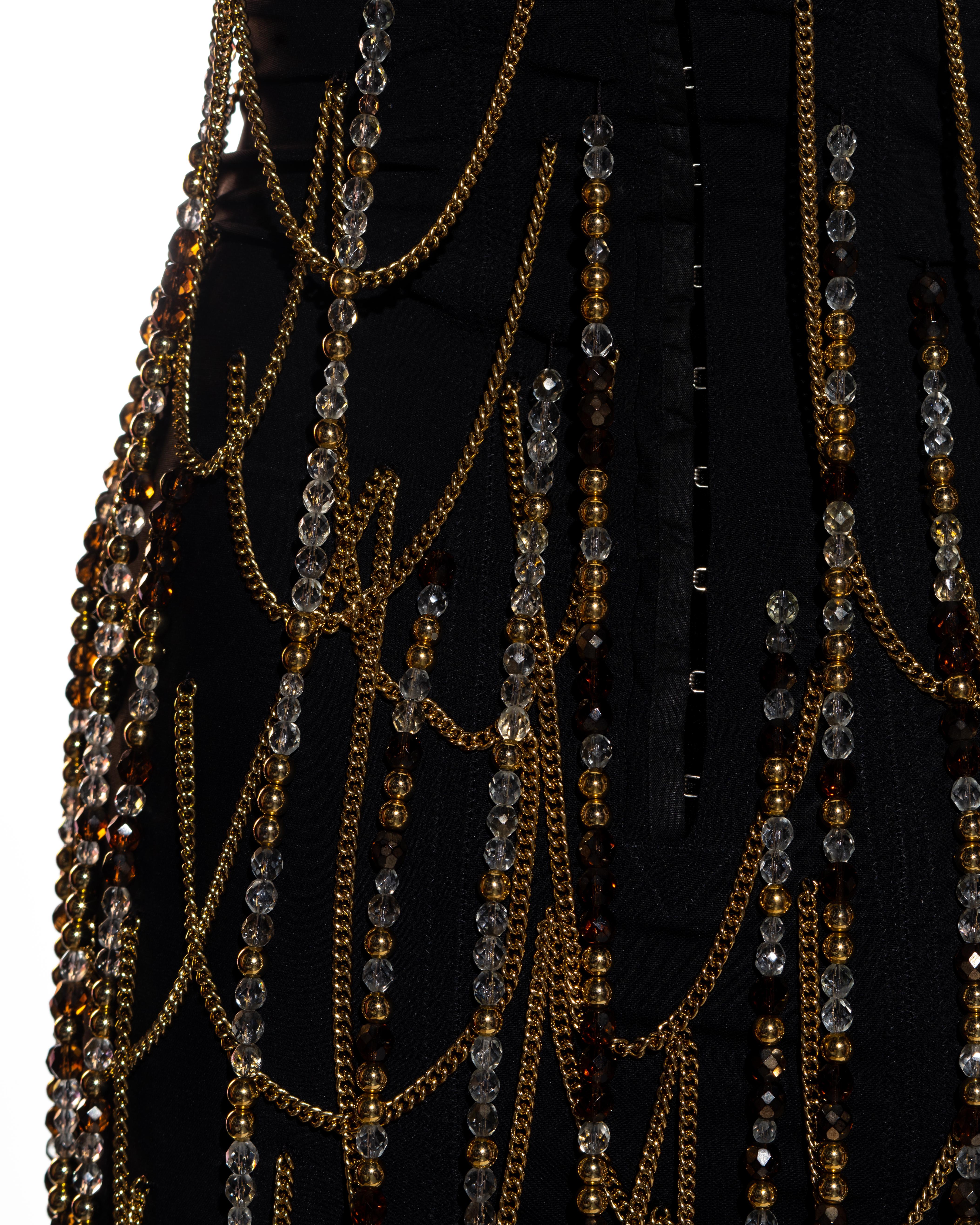 Dolce & Gabbana black corseted mini skirt with gold chains and beads, ss 1991 In Excellent Condition For Sale In London, GB