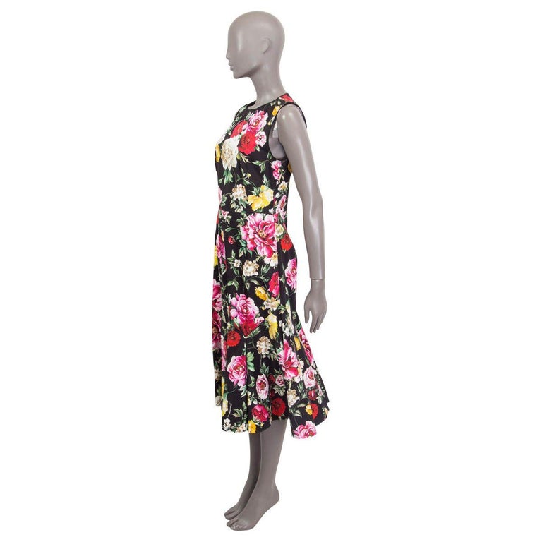 DOLCE and GABBANA black cotton FLORAL SLEEVELESS FLARE MIDI Dress 44 L For  Sale at 1stDibs