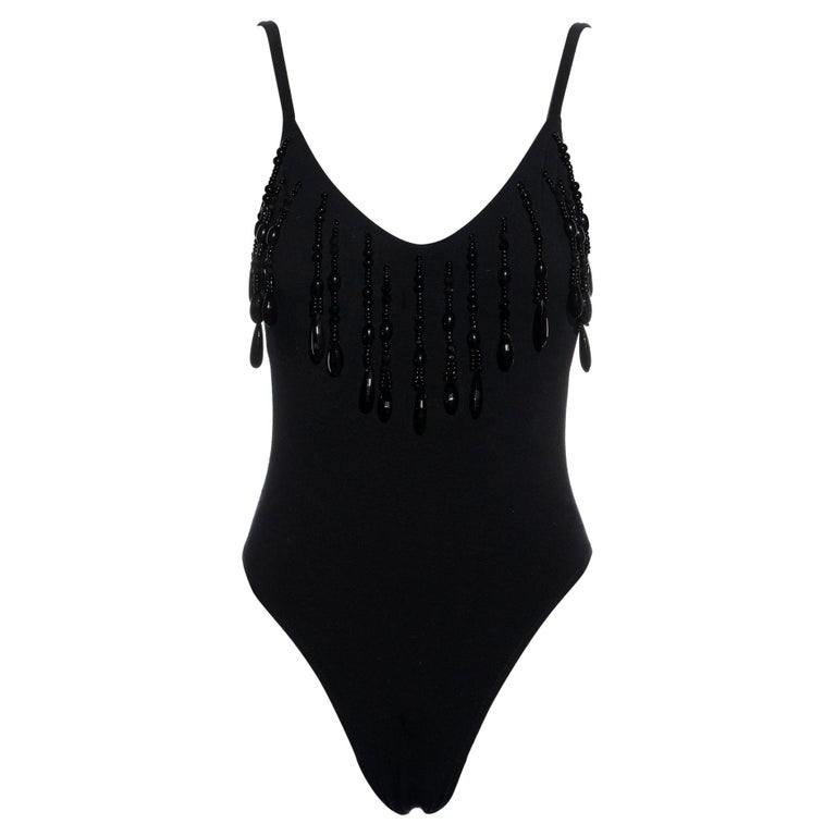 Dolce and Gabbana black cotton jersey bodysuit with beaded fringes, ss ...