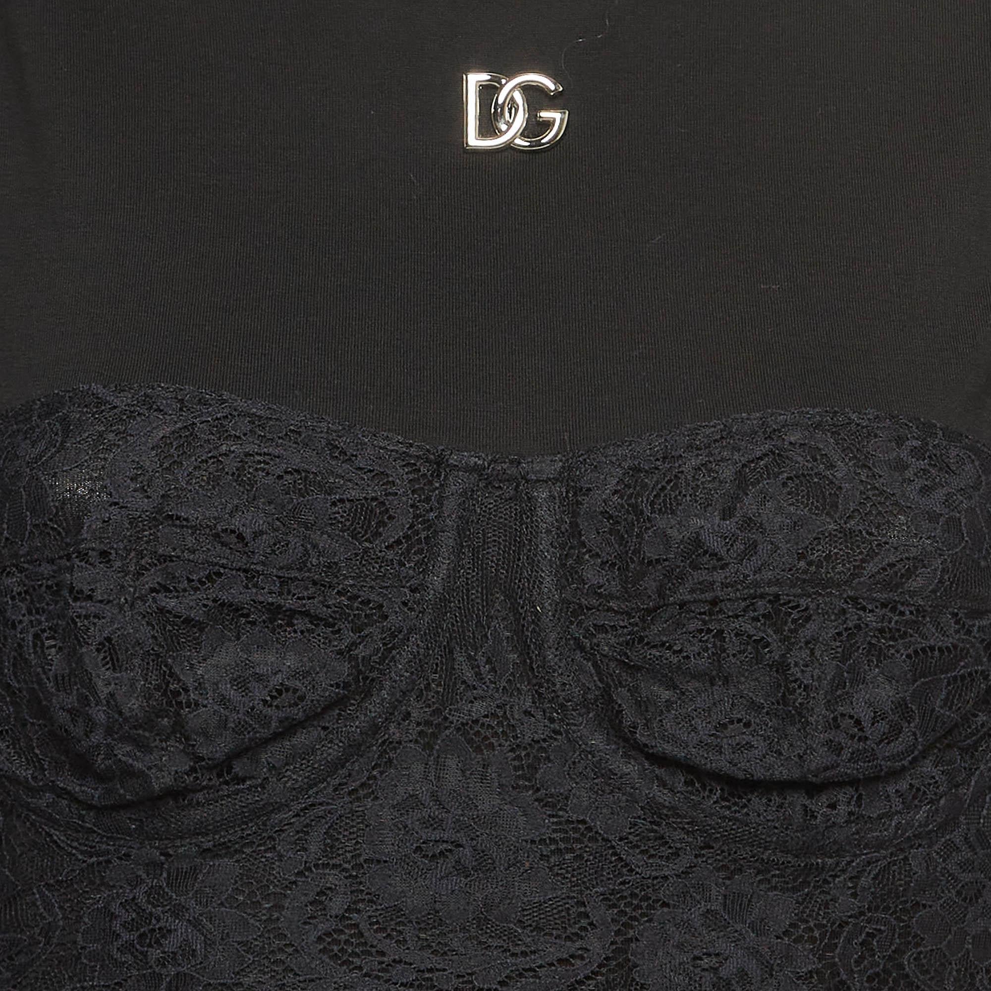 Dolce & Gabbana Black Cotton Knit Lace Bralette Detail T-Shirt S In Good Condition In Dubai, Al Qouz 2
