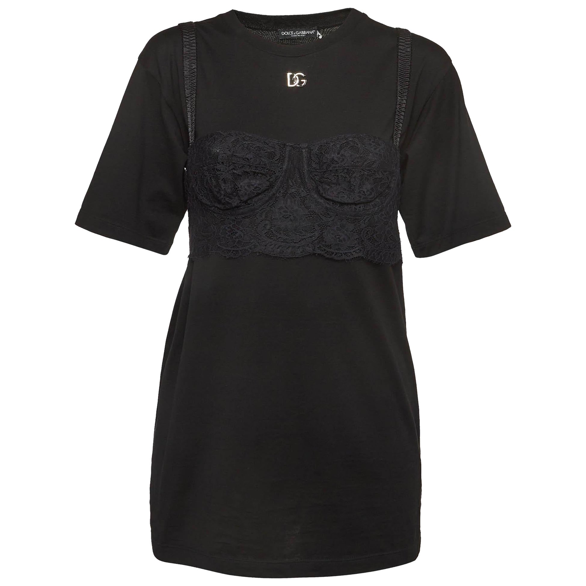 Dolce & Gabbana Black Cotton Knit Lace Bralette Detail T-Shirt S