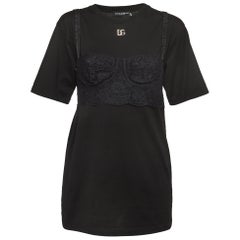 Dolce & Gabbana Black Cotton Knit Lace Bralette Detail T-Shirt S
