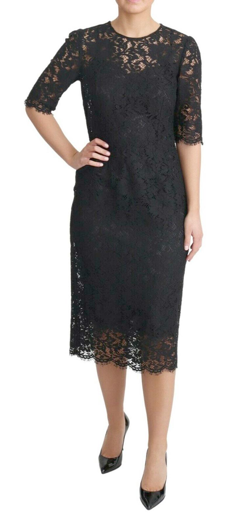 Dolce & Gabbana Schwarzes Midikleid mit kurzen Ärmeln und geblümter Baumwollspitze und Blumen im Zustand „Neu“ im Angebot in WELWYN, GB