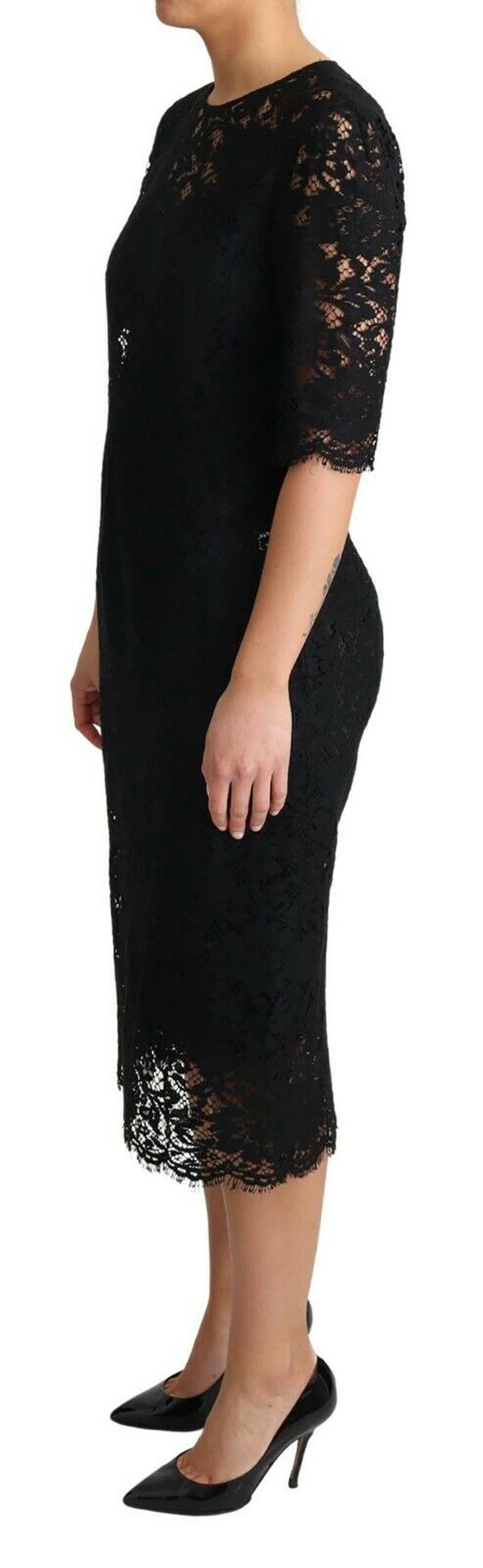 Dolce & Gabbana Schwarzes Midikleid mit kurzen Ärmeln und geblümter Baumwollspitze und Blumen Damen im Angebot