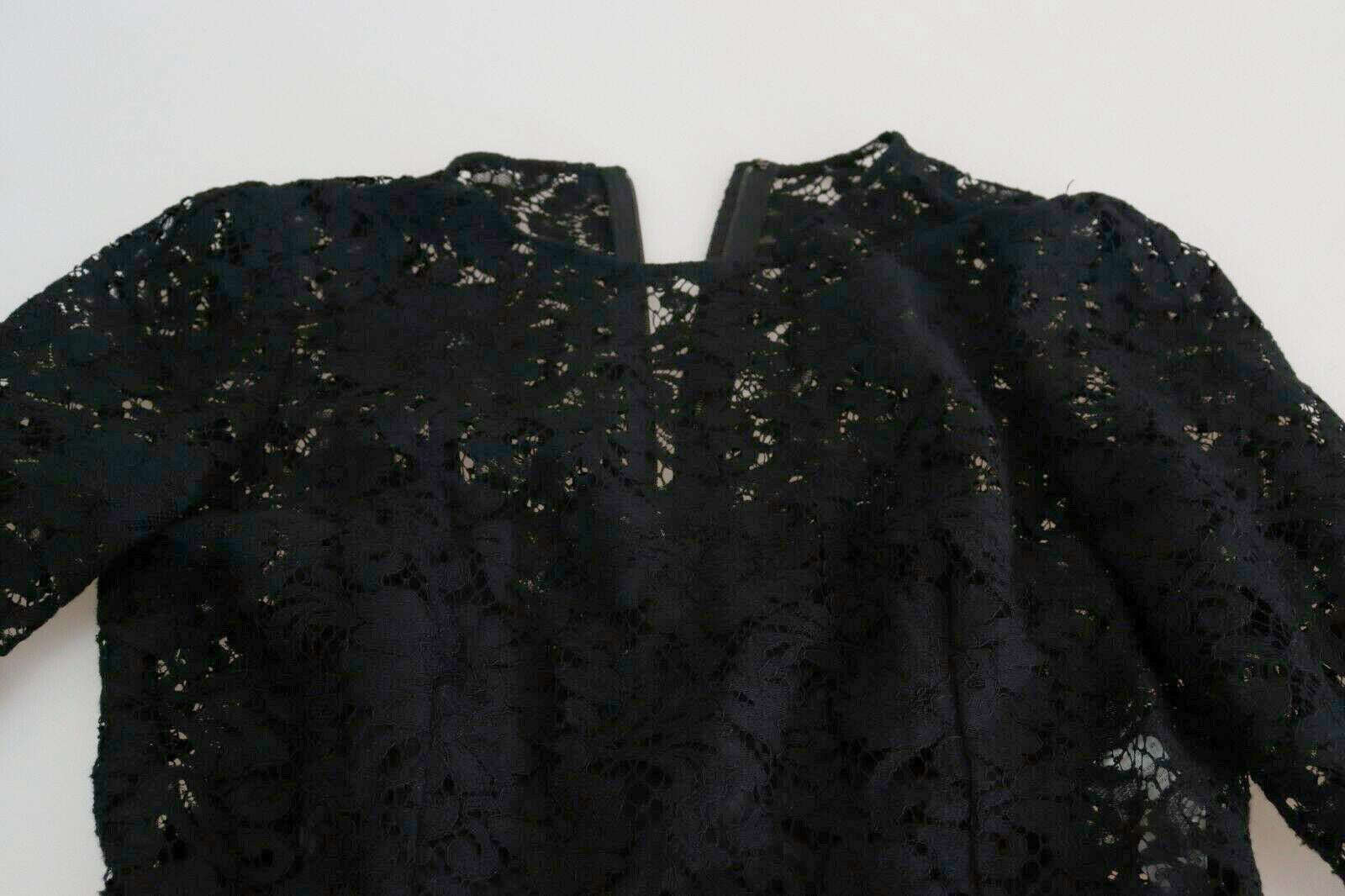 Dolce & Gabbana Schwarzes Midikleid mit kurzen Ärmeln und geblümter Baumwollspitze und Blumen im Angebot 3