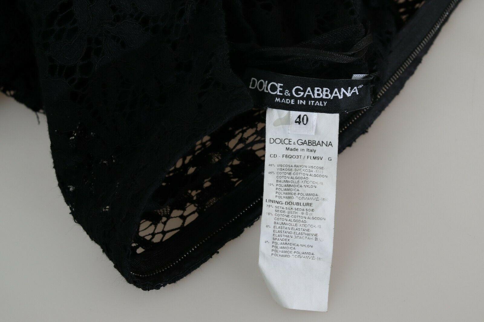 Dolce & Gabbana Schwarzes Midikleid mit kurzen Ärmeln und geblümter Baumwollspitze und Blumen im Angebot 5