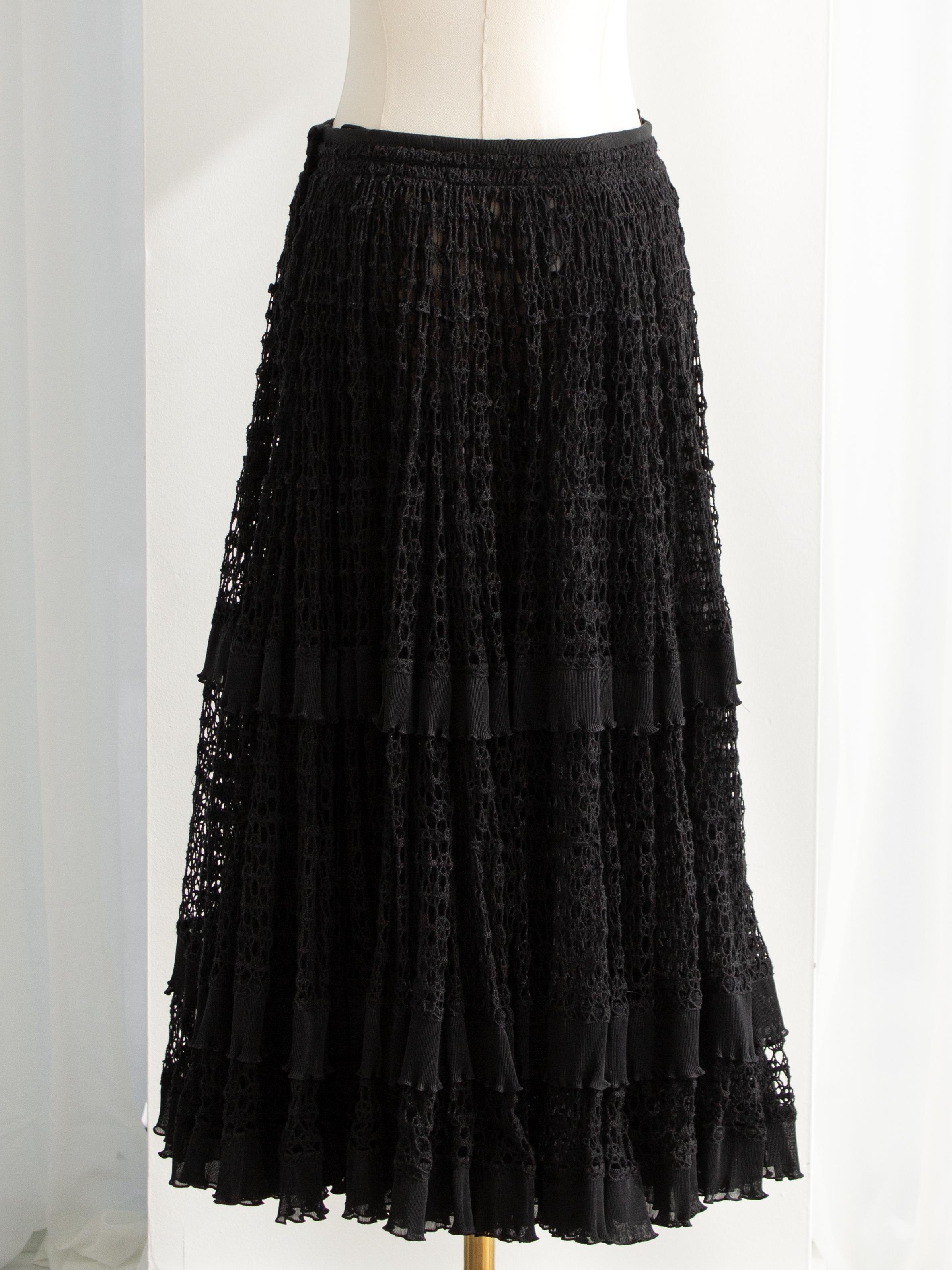 Dolce & Gabbana Black Cotton Lace Tiered Crochet Full Circle Midi Skirt In Good Condition In Jersey City, NJ