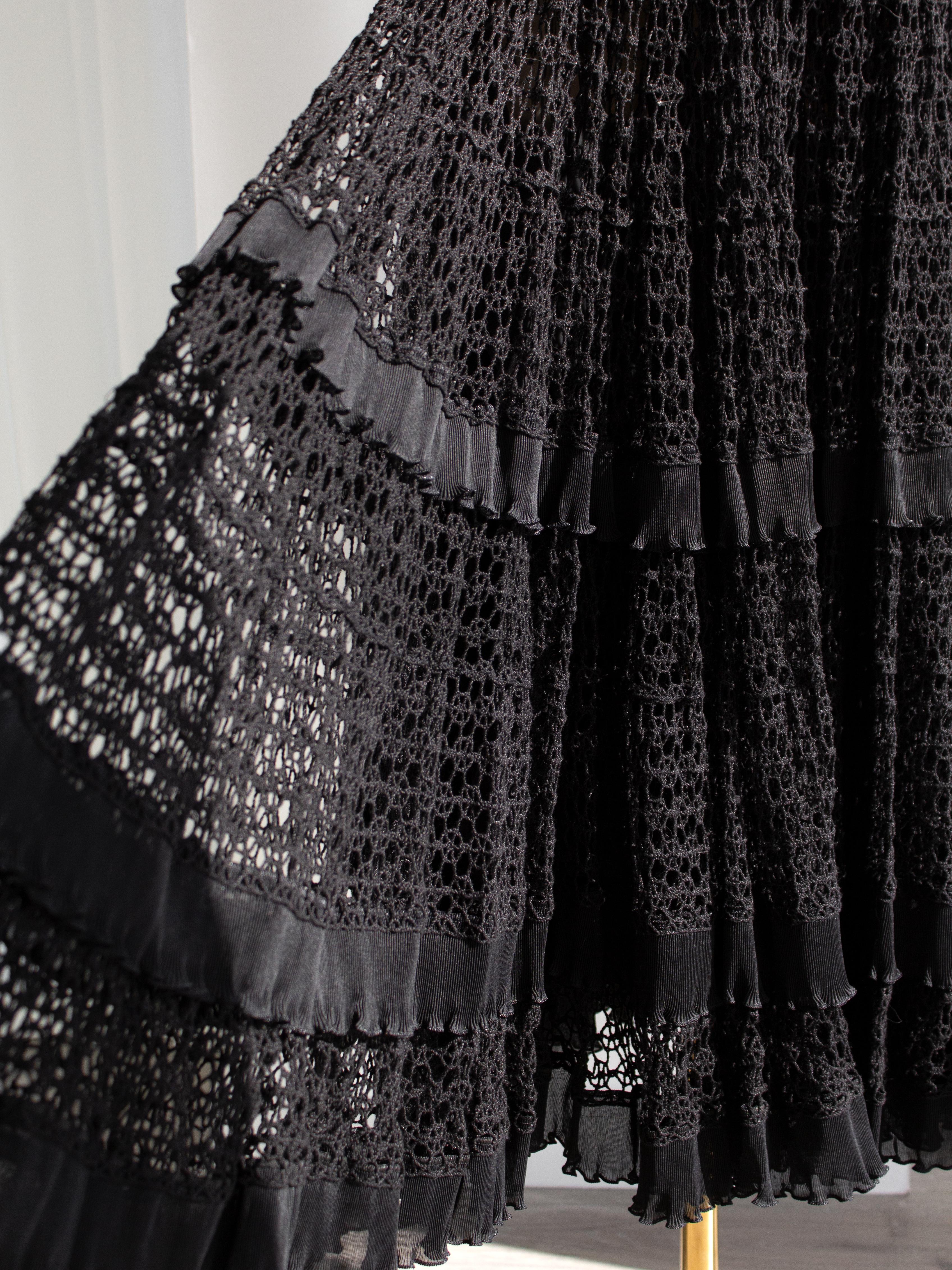 Dolce & Gabbana Black Cotton Lace Tiered Crochet Full Circle Midi Skirt 2