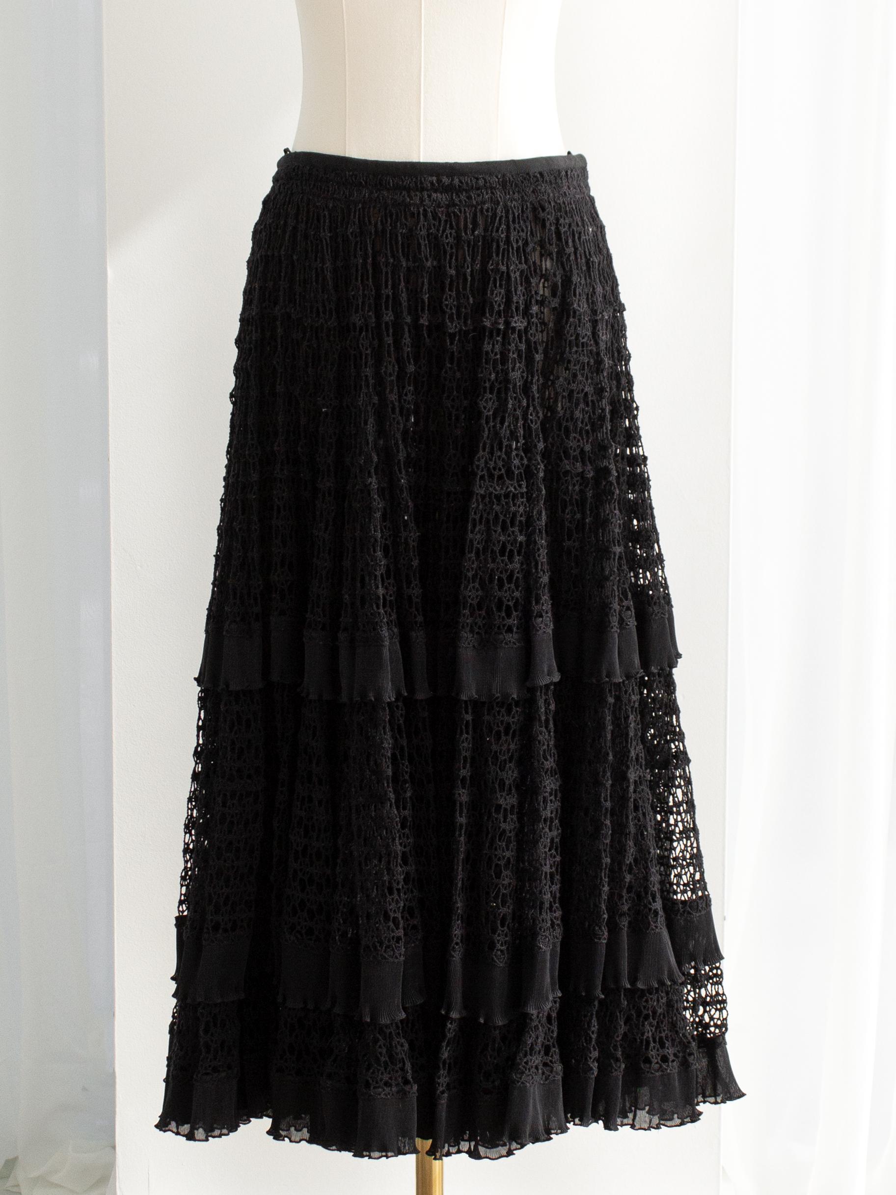 Dolce & Gabbana Black Cotton Lace Tiered Crochet Full Circle Midi Skirt 5