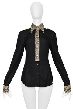 Dolce & Gabbana Black Cotton Long Sleeve Shirt With Python Trim And Collar 2005