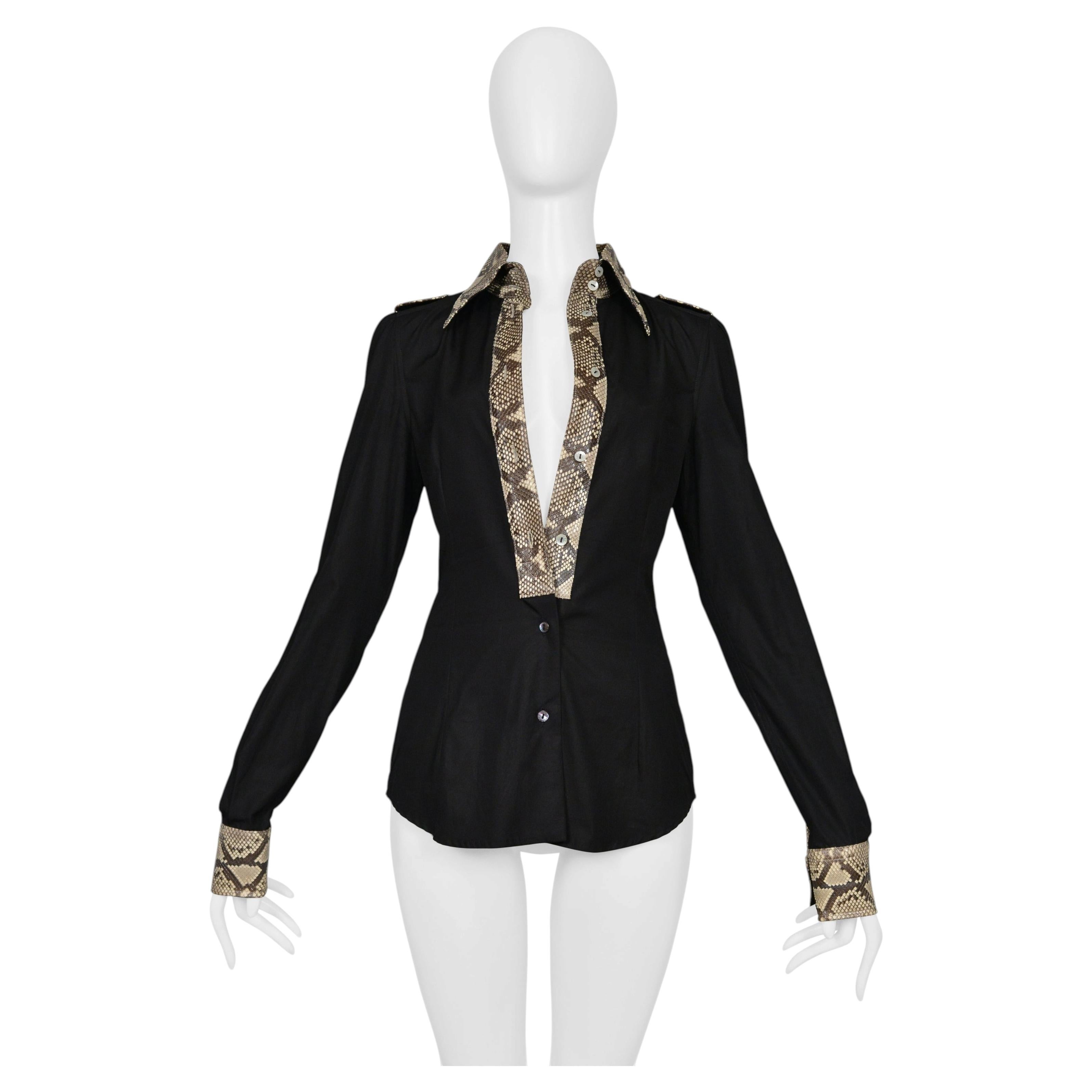 Dolce & Gabbana – Schwarzes Langarmhemd aus Baumwolle mit Pythonbesatz und Kragen, 2005