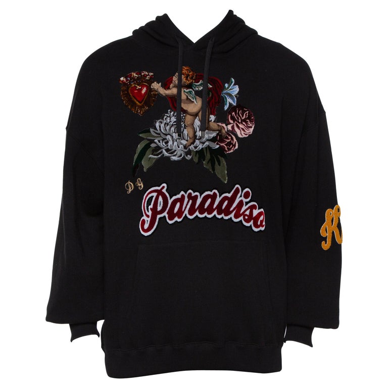 Dolce and Gabbana Black Cotton Paradise Embroidered Hoodie M at 1stDibs
