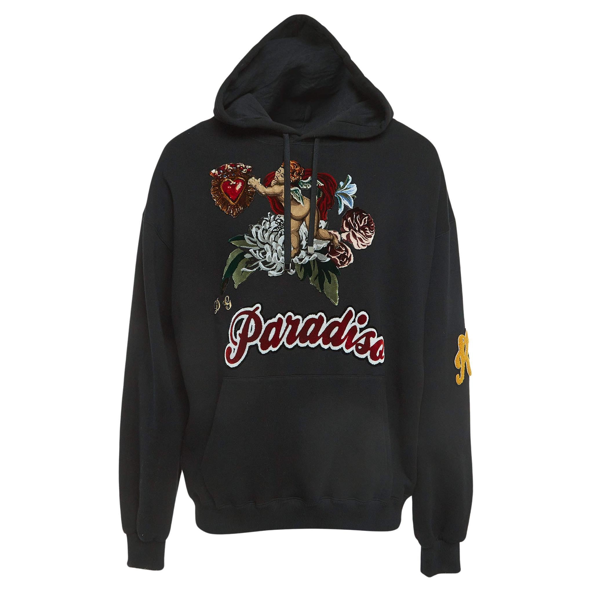 Dolce & Gabbana Black Cotton Paradise Patch Hoodie M For Sale