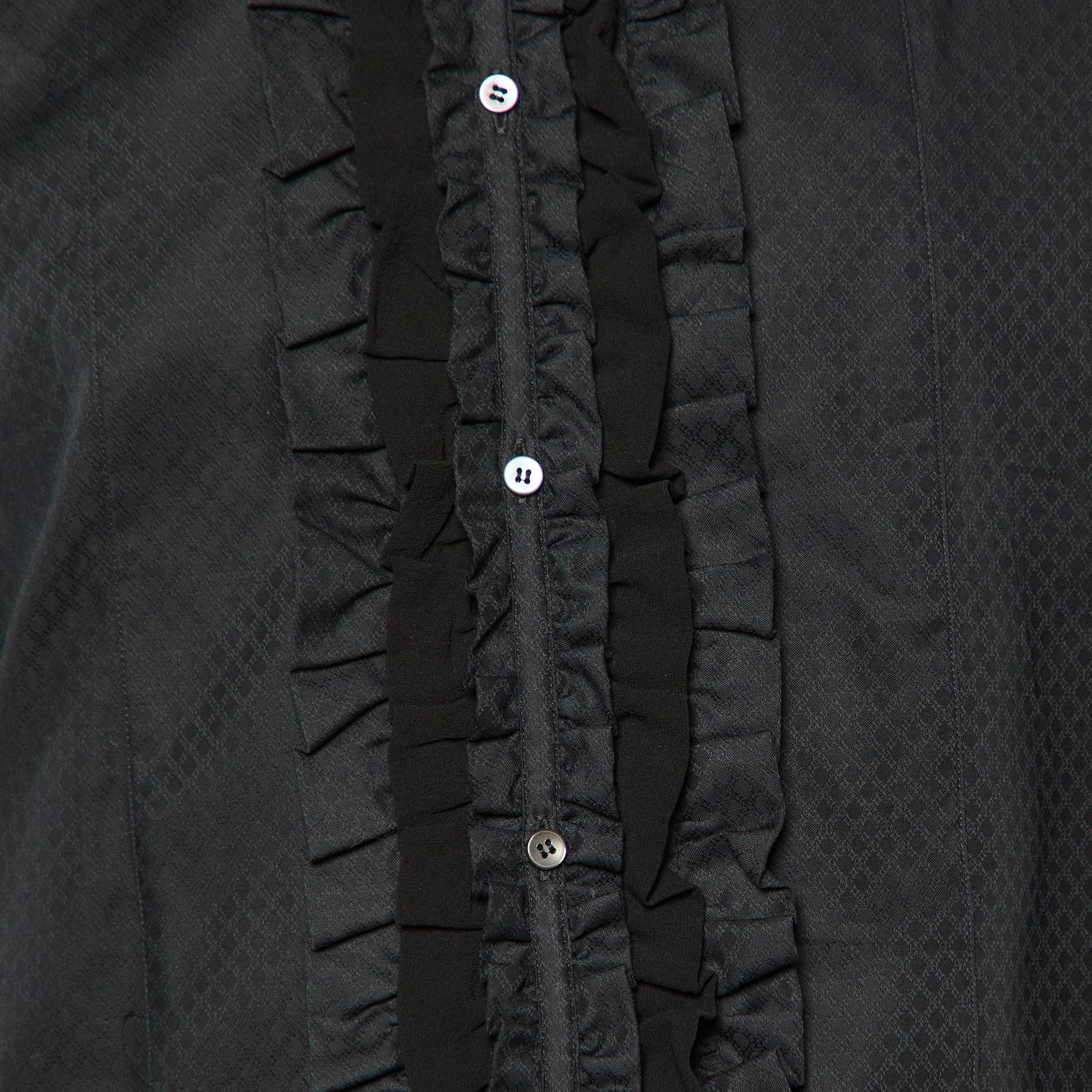 Dolce & Gabbana Black Cotton Ruffle Detail Gold Fit Button Front Shirt M For Sale 2