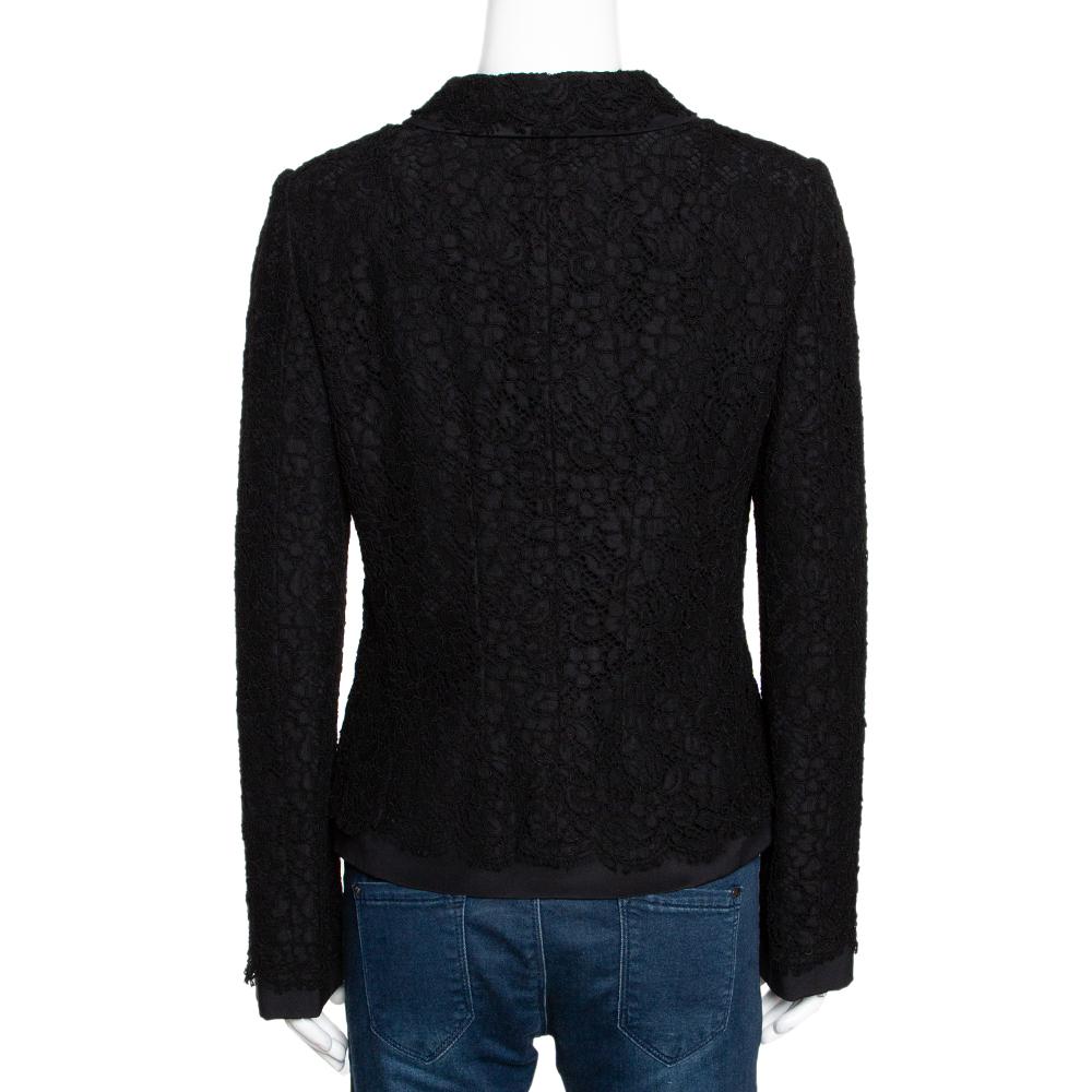 Polish your style with this Dolce & Gabbana jacket. Designed in a smart shape, this elegant black creation flaunts great tailoring signs, a simple collar and front buttoned fastenings. The perfect fit of this floral corded lace jacket promises a