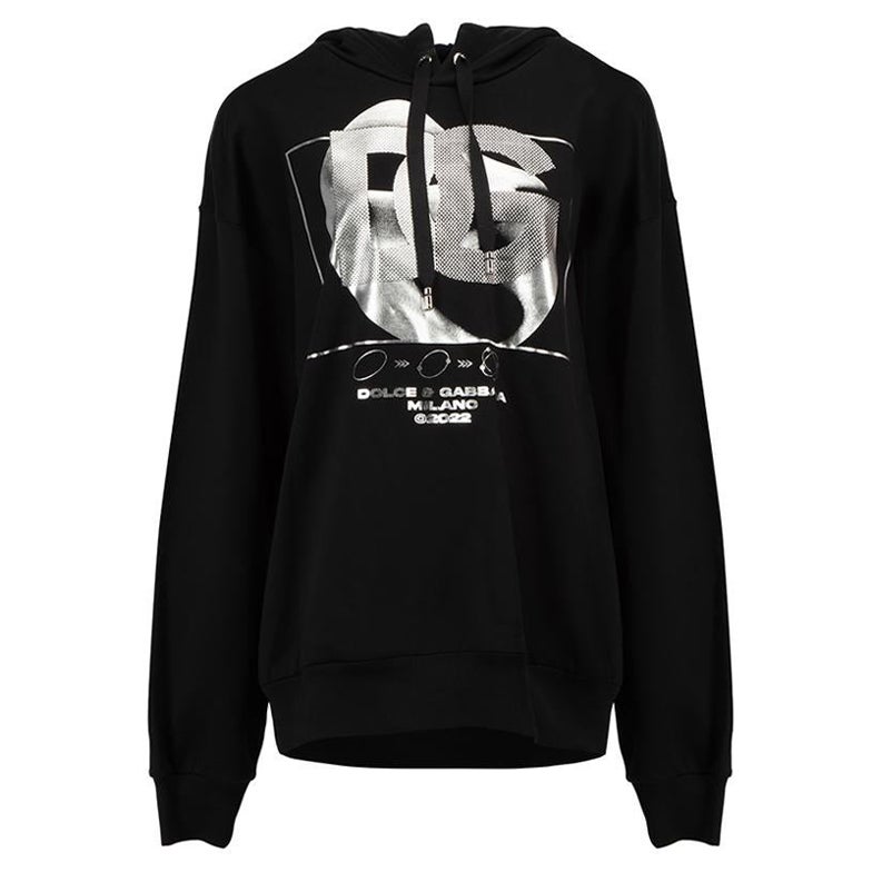 Dolce 
Gabbana Hoodie à capuche en coton noir imprimé A Silver Parallela Taille XL en vente