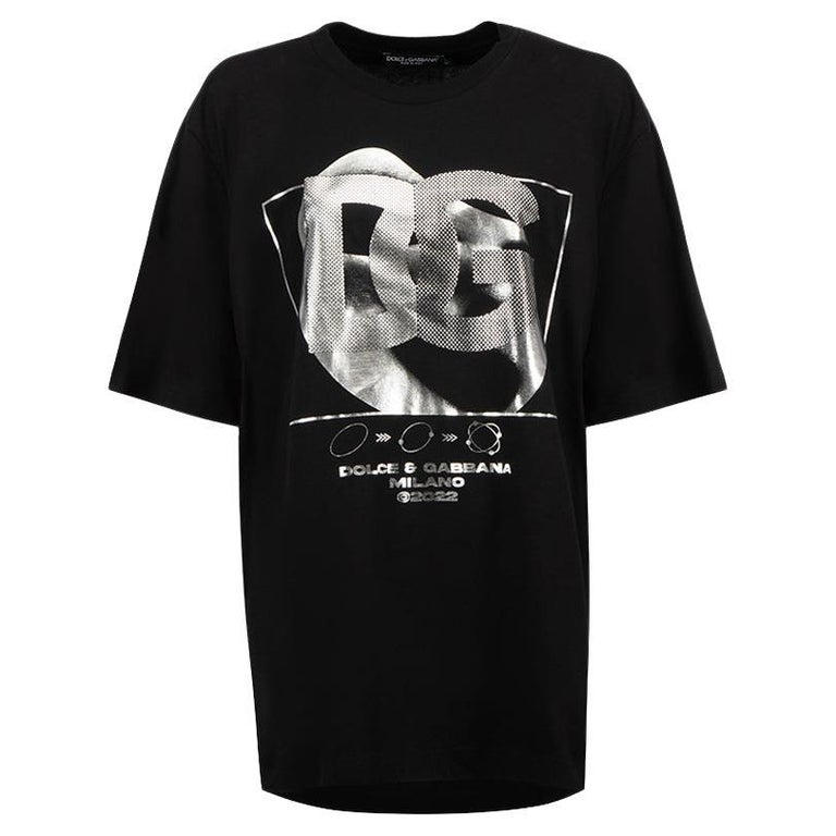 Dolce and Gabbana Black Cotton Silver Realtà Parallela Print T-Shirt Size M  For Sale at 1stDibs