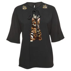 Dolce & Gabbana Schwarze Bluse aus Krepp mit Katzenaufnähern und Details M