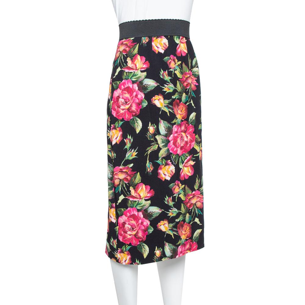 Dolce & Gabbana Black Crepe Floral Printed Pencil Skirt L In Good Condition In Dubai, Al Qouz 2