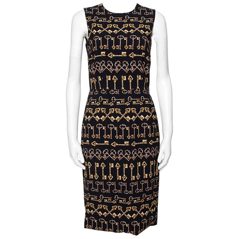 Dolce 
Gabbana Robe fourreau en crêpe noir imprimé clés S