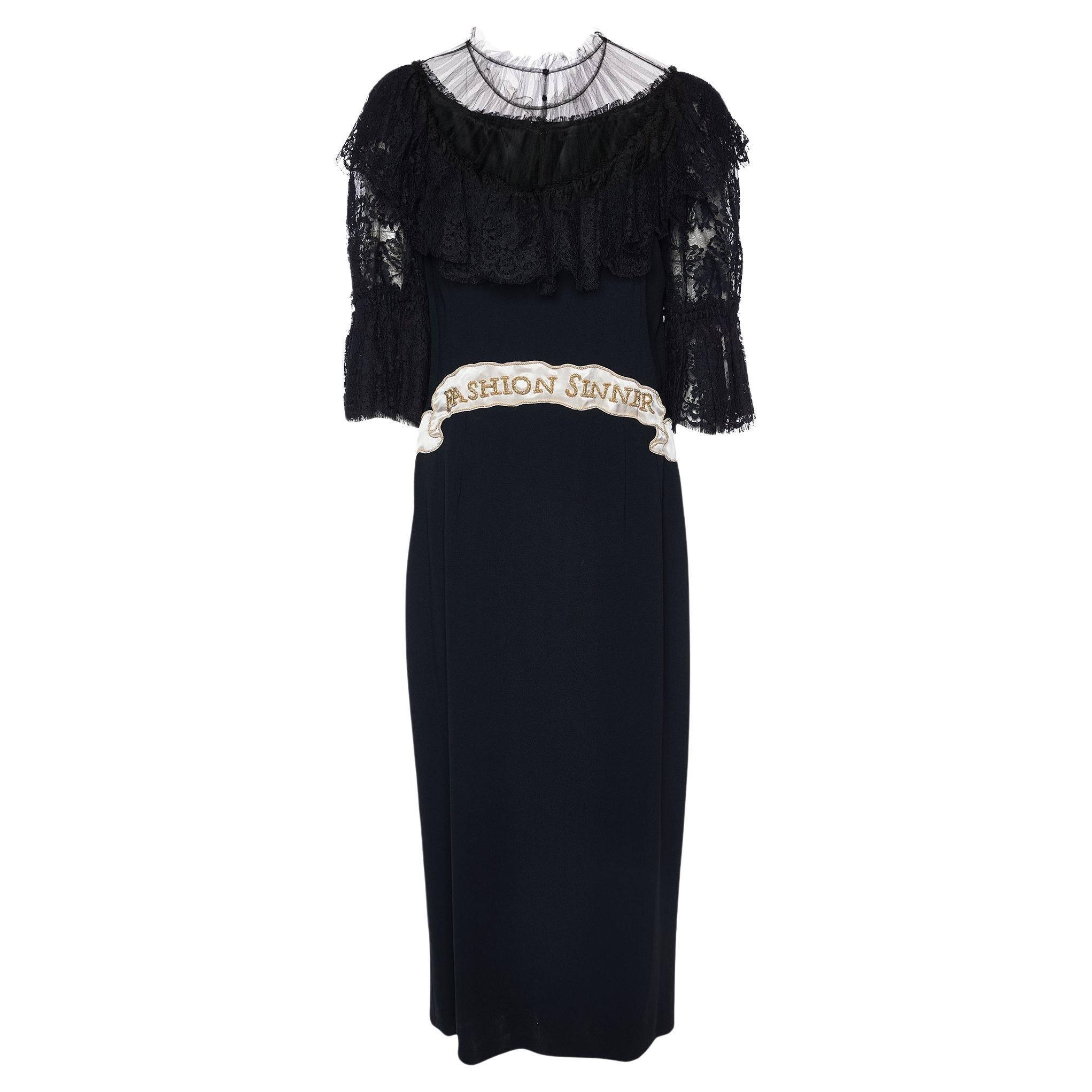 Dolce & Gabbana Black Crepe & Lace Fashion Sinner Embellished Midi Dress L