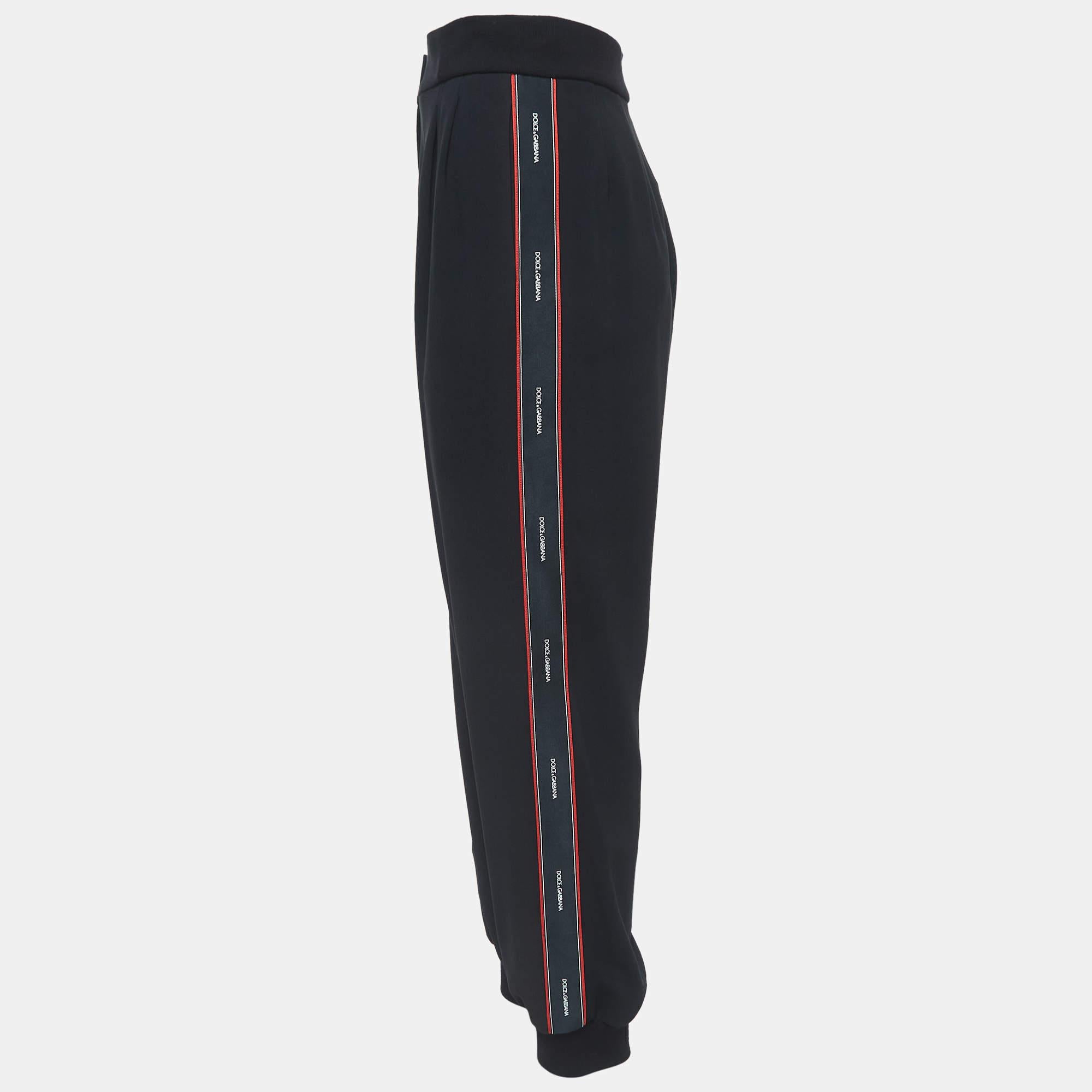 Dolce & Gabbana Black Crepe Logo Tape Detail Pants L For Sale 1