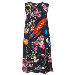 Dolce & Gabbana Black Crepe Rocket & Floral Print Sleeveless Shift Dress S