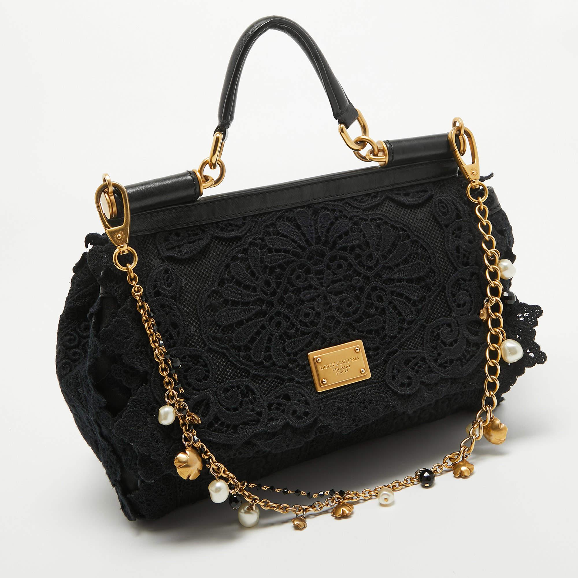 Dolce & Gabbana Black Crochet and Leather Medium Miss Sicily Top Handle Bag In Good Condition For Sale In Dubai, Al Qouz 2