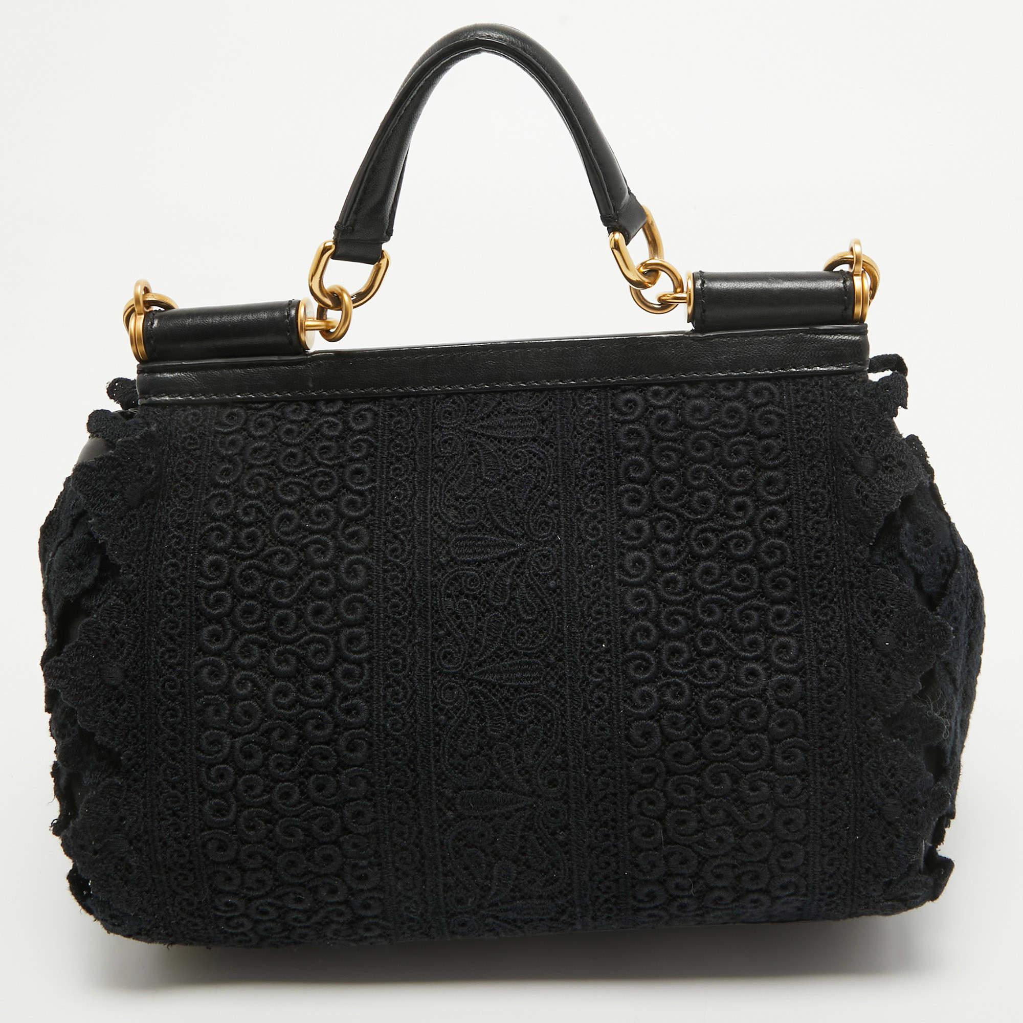 Dolce & Gabbana Black Crochet and Leather Medium Miss Sicily Top Handle Bag For Sale 2