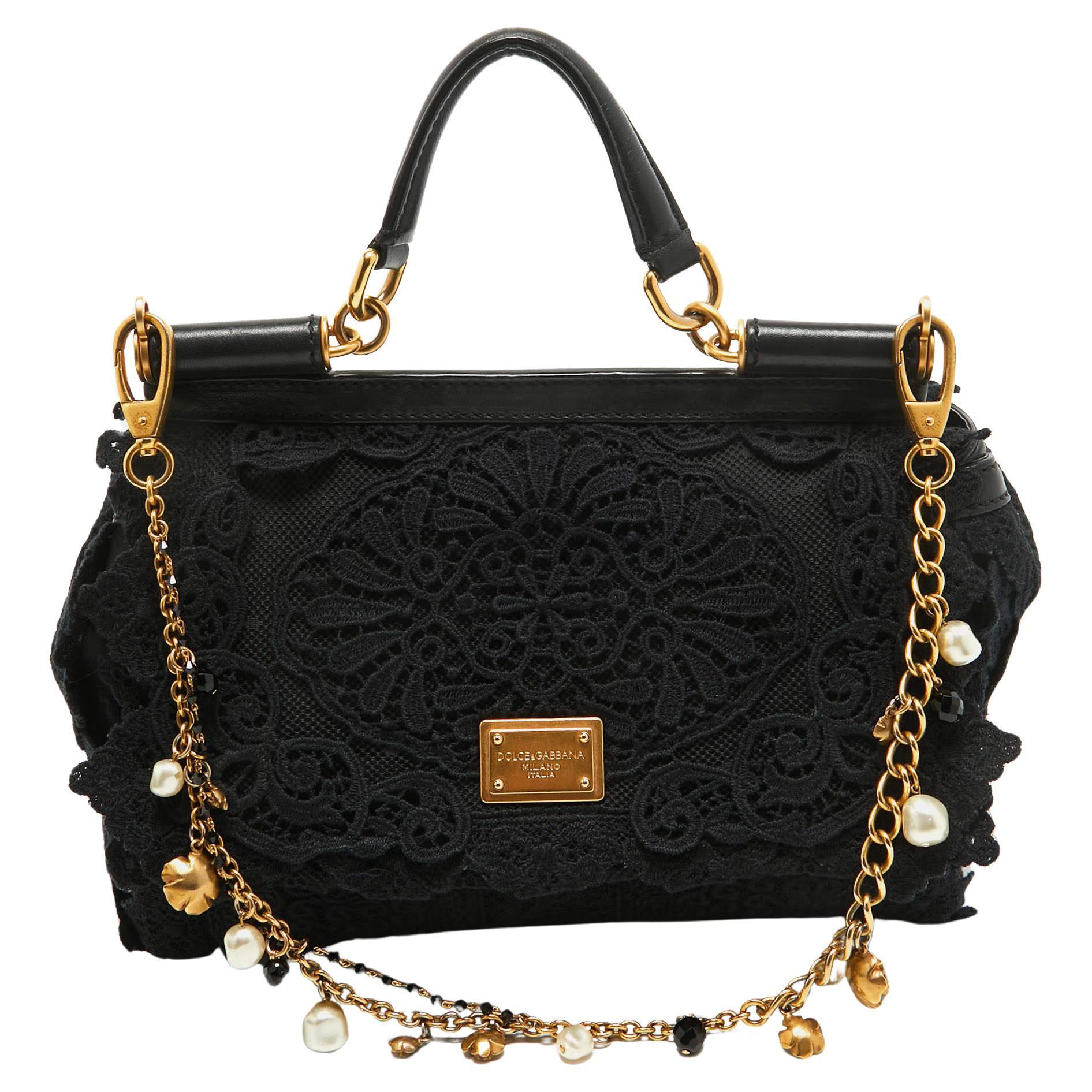 Dolce & Gabbana Black Crochet and Leather Medium Miss Sicily Top Handle Bag For Sale