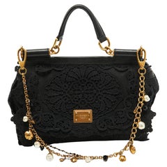 Dolce & Gabbana Schwarze Tasche aus gehäkeltem und Leder Medium Miss Sicily Top Handle Bag