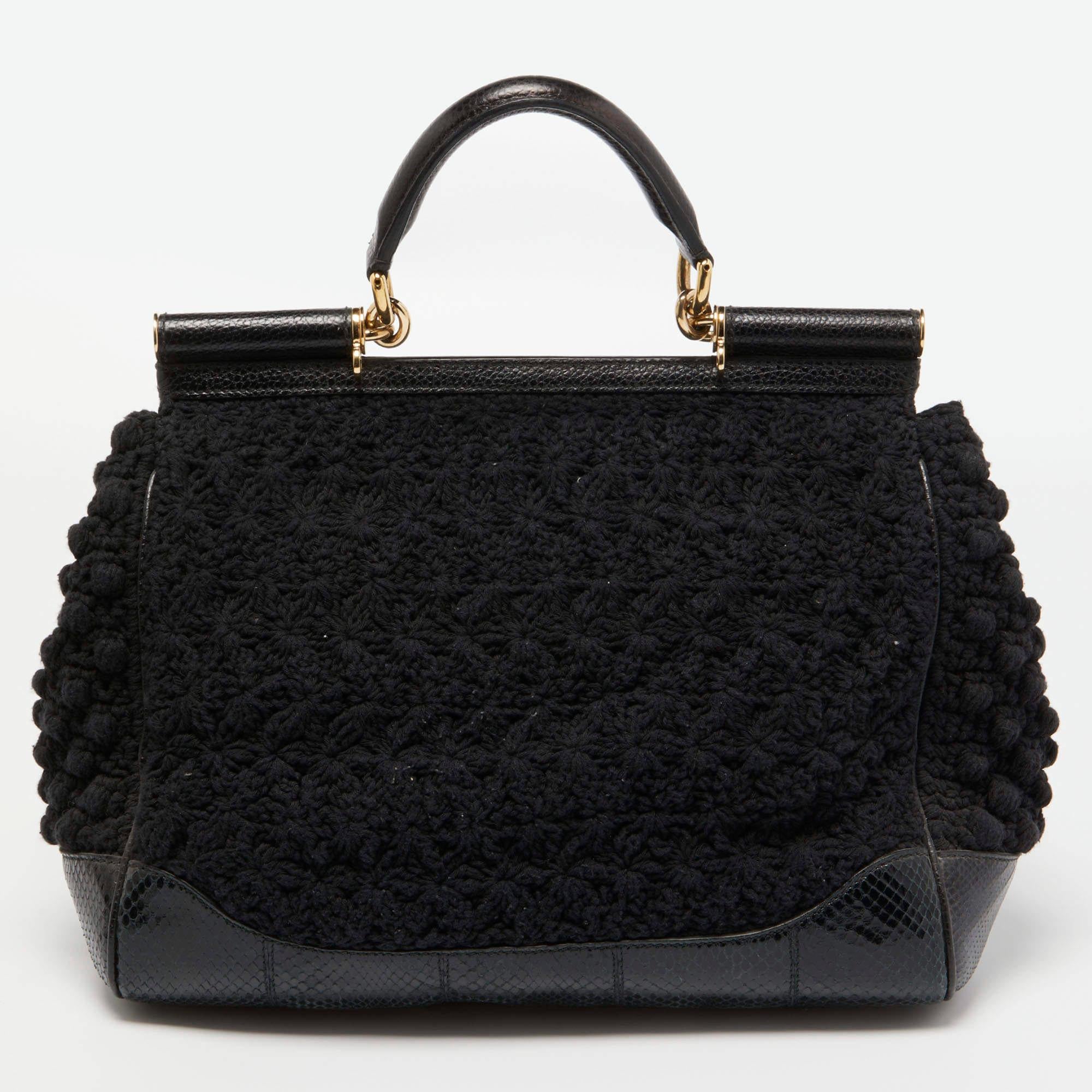 Dolce & Gabbana Black Crochet and Watersnake Large Miss Sicily Top Handle Bag 4
