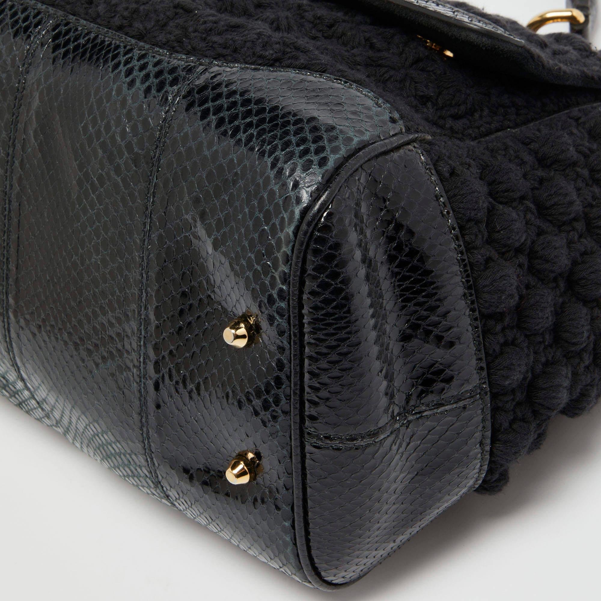 Men's Dolce & Gabbana Black Crochet and Watersnake Large Miss Sicily Top Handle Bag