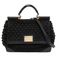 Dolce & Gabbana Black Crochet and Watersnake Large Miss Sicily Top Handle Bag