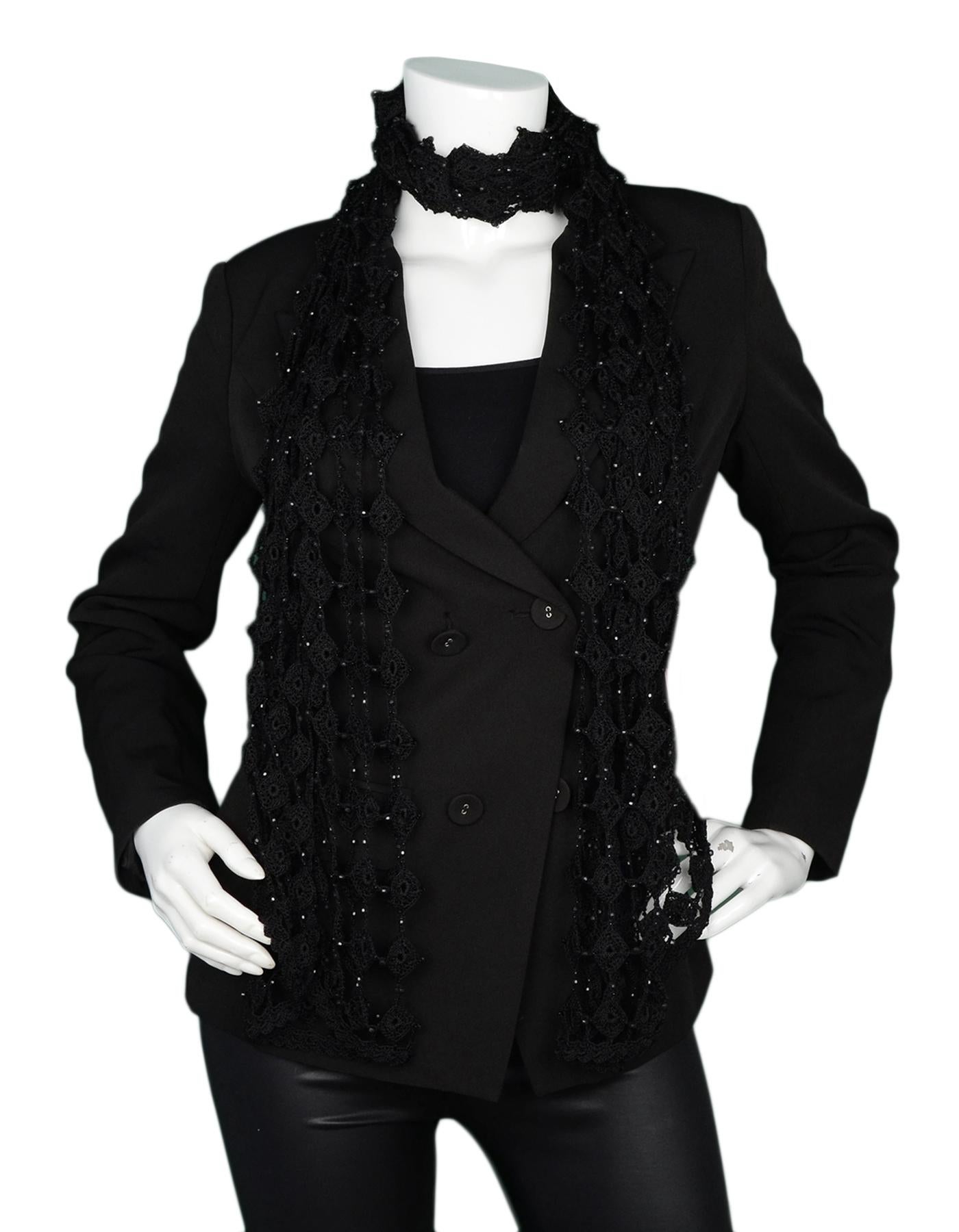 Dolce & Gabbana Black Crochet Beaded Scarf

Made In: Italy
Color: Black
Materials: Crochet, beads
Overall Condition:  Excellent pre-owned condition with exception of some loose strings

Measurements: 
16