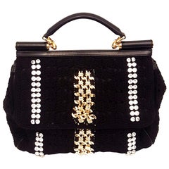 Dolce & Gabbana Black Crochet Crystal and Chain Decorated Top Handle Bag
