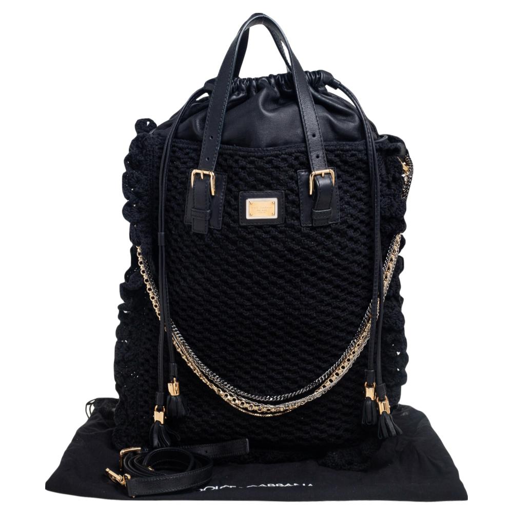 Dolce & Gabbana Black Crochet Fabric and Leather Miss Helen Tote 7