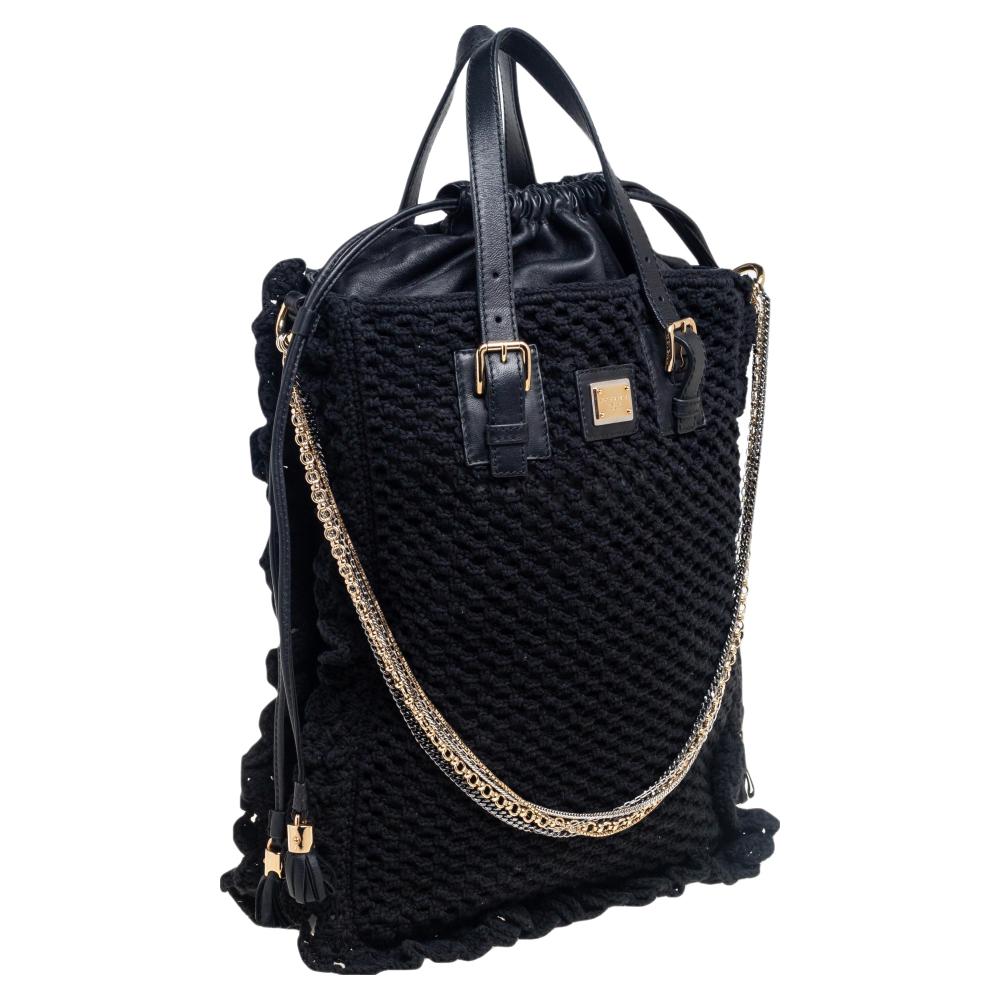 Women's Dolce & Gabbana Black Crochet Fabric and Leather Miss Helen Tote