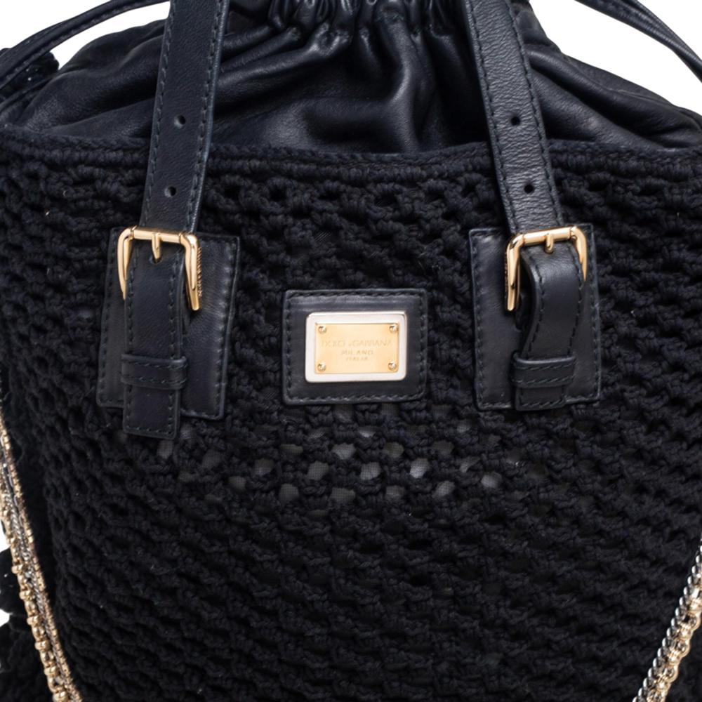 Dolce & Gabbana Black Crochet Fabric and Leather Miss Helen Tote 3