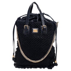 Dolce & Gabbana Black Crochet Fabric and Leather Miss Helen Tote