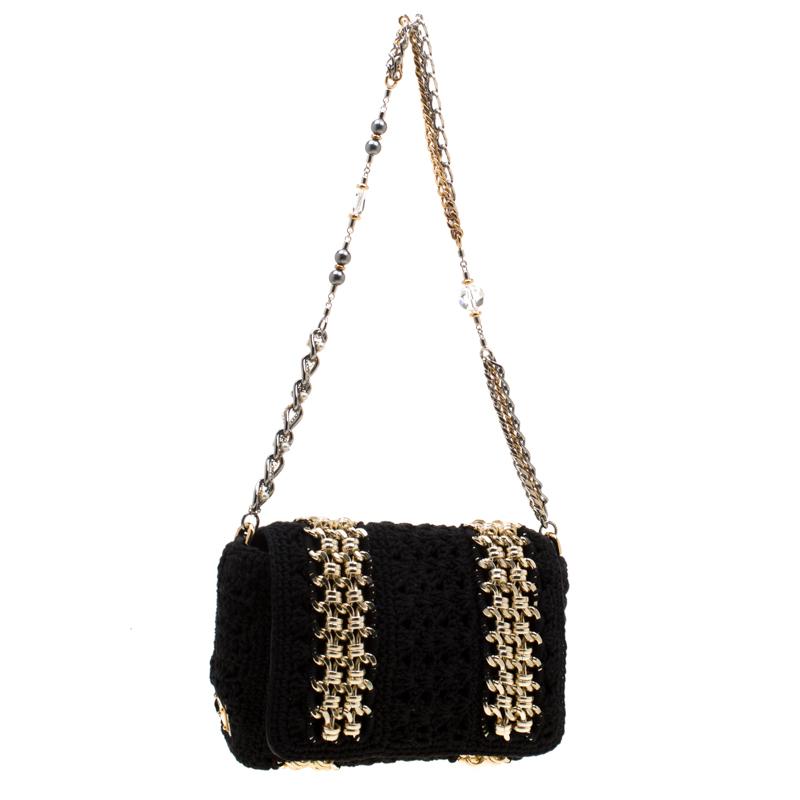 Women's Dolce & Gabbana Black Crochet Fabric Miss Charles Shoulder Bag