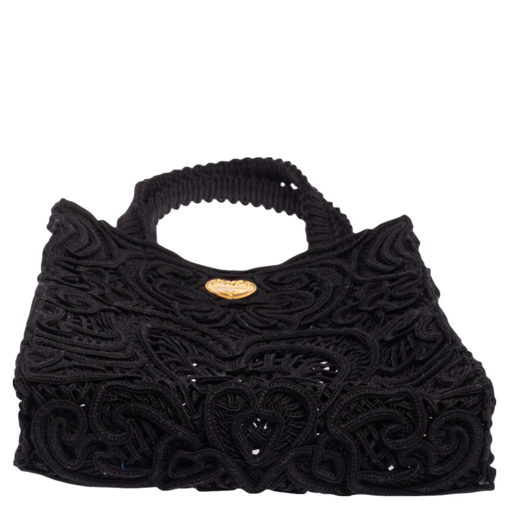 Dolce & Gabbana Black Crochet Fabric Small Beatrice Tote 3